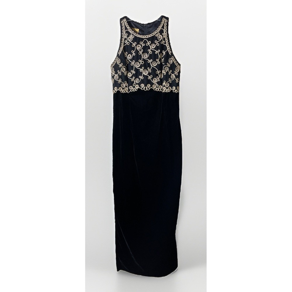 Vintage Scott McClintock Dress Womens Size 12 Black Gold Velvet Gown 90s Maxi